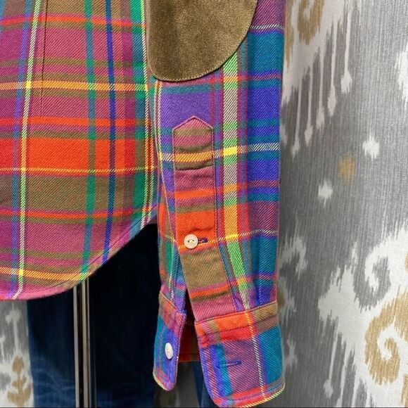 Ralph Lauren Bright Jewel-Tone Check Plaid Cotton Flannel Suede Patch Workshirt - Picture 14 of 16